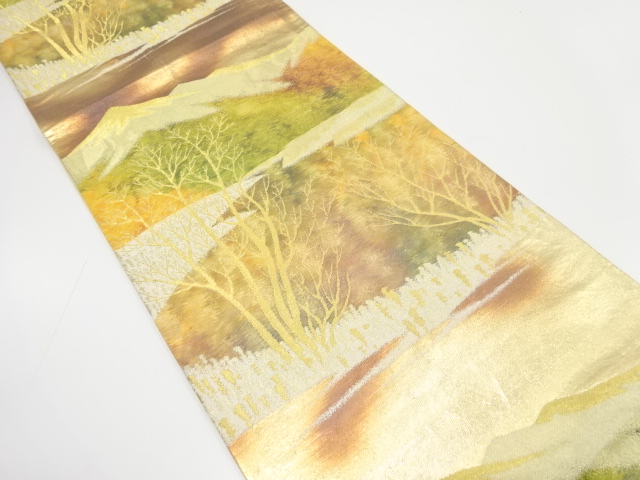 アンティーク　遠山に木立模様織り出し袋帯（着用可）